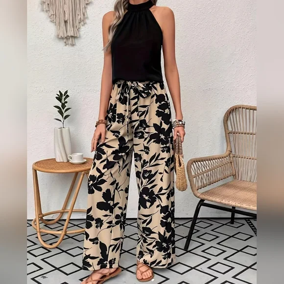 Floral Black and Tan Wide-Leg Pants - Picture 4 of 8